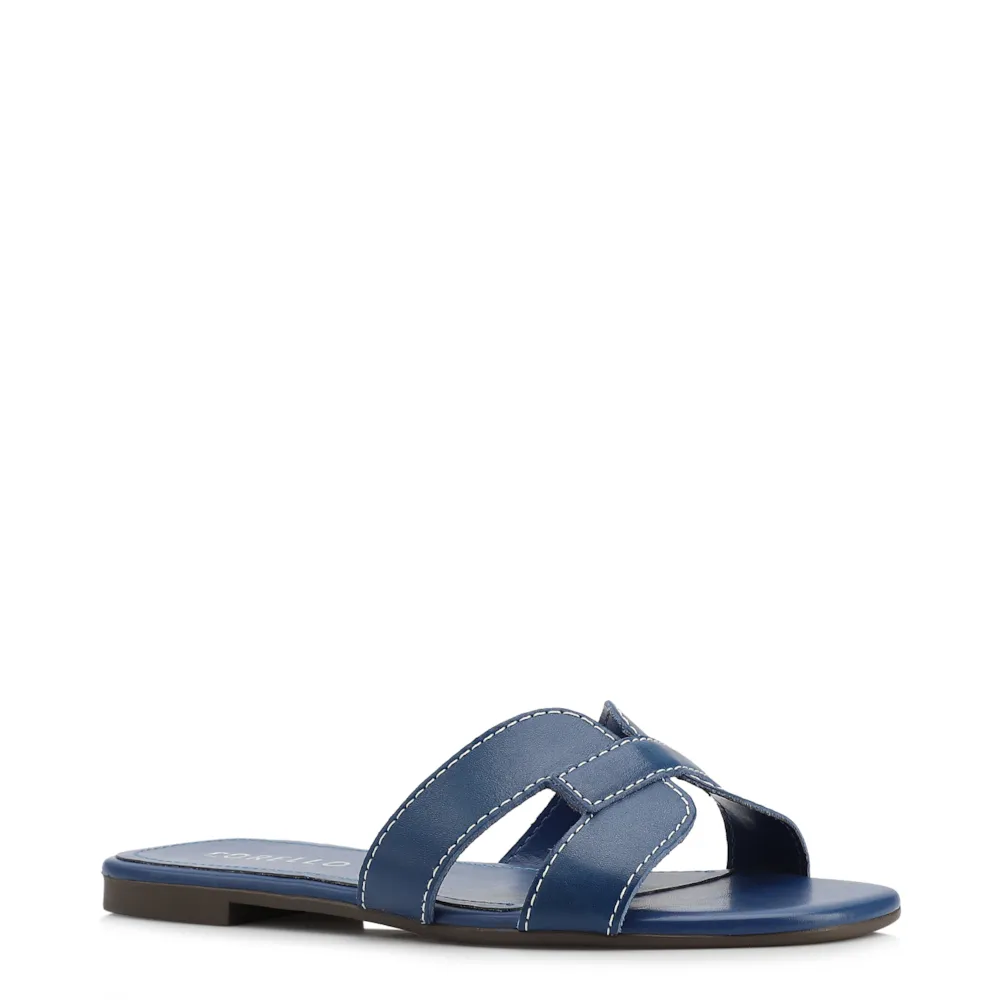 Rasteirinha Azul Couro Tira Vazada Pesponto