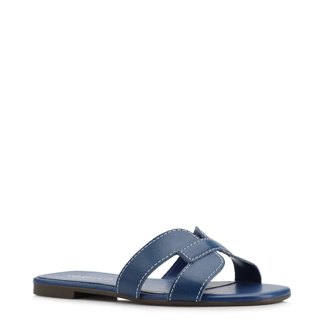 Rasteirinha Azul Couro Tira Vazada Pesponto