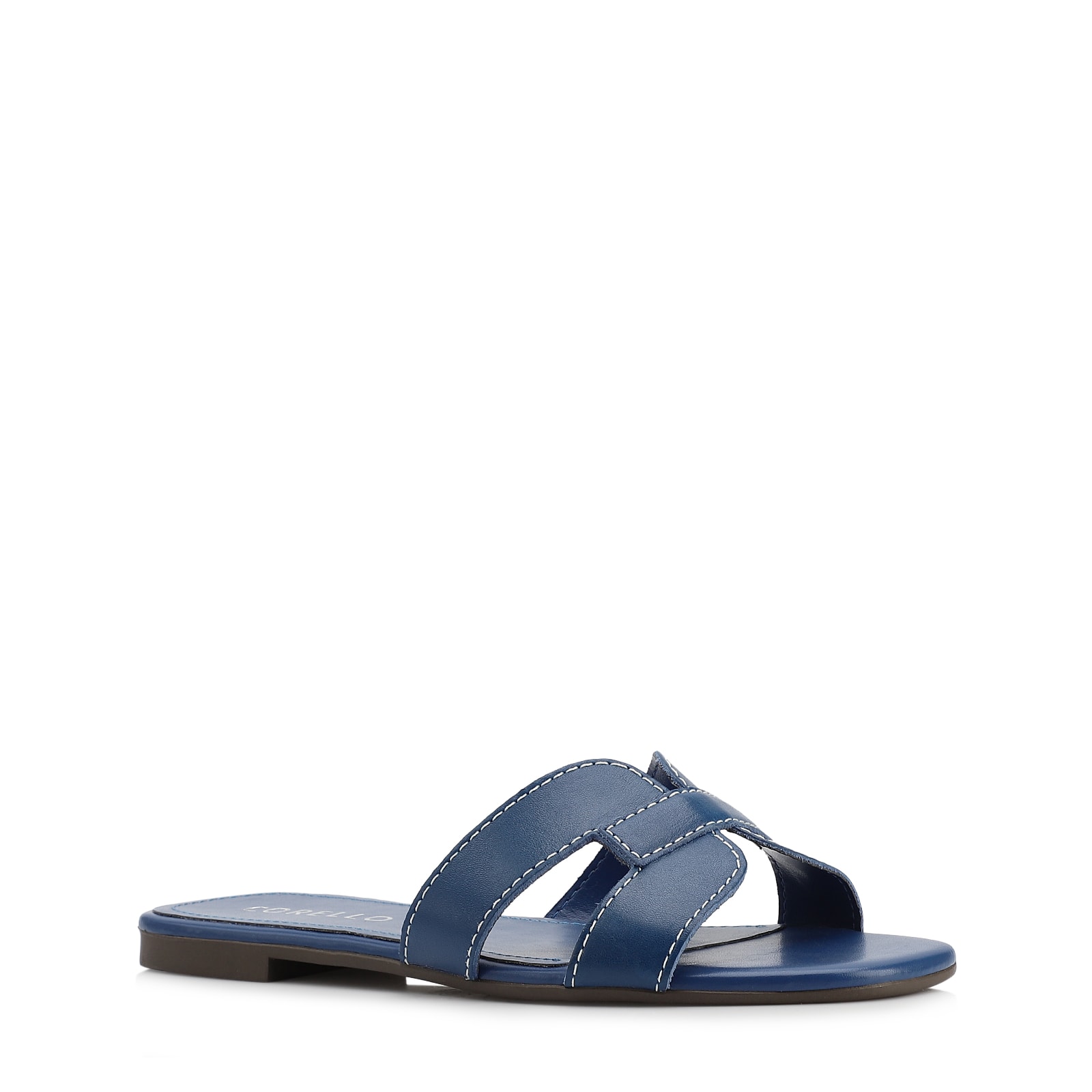 Rasteirinha Azul Couro Tira Vazada Pesponto