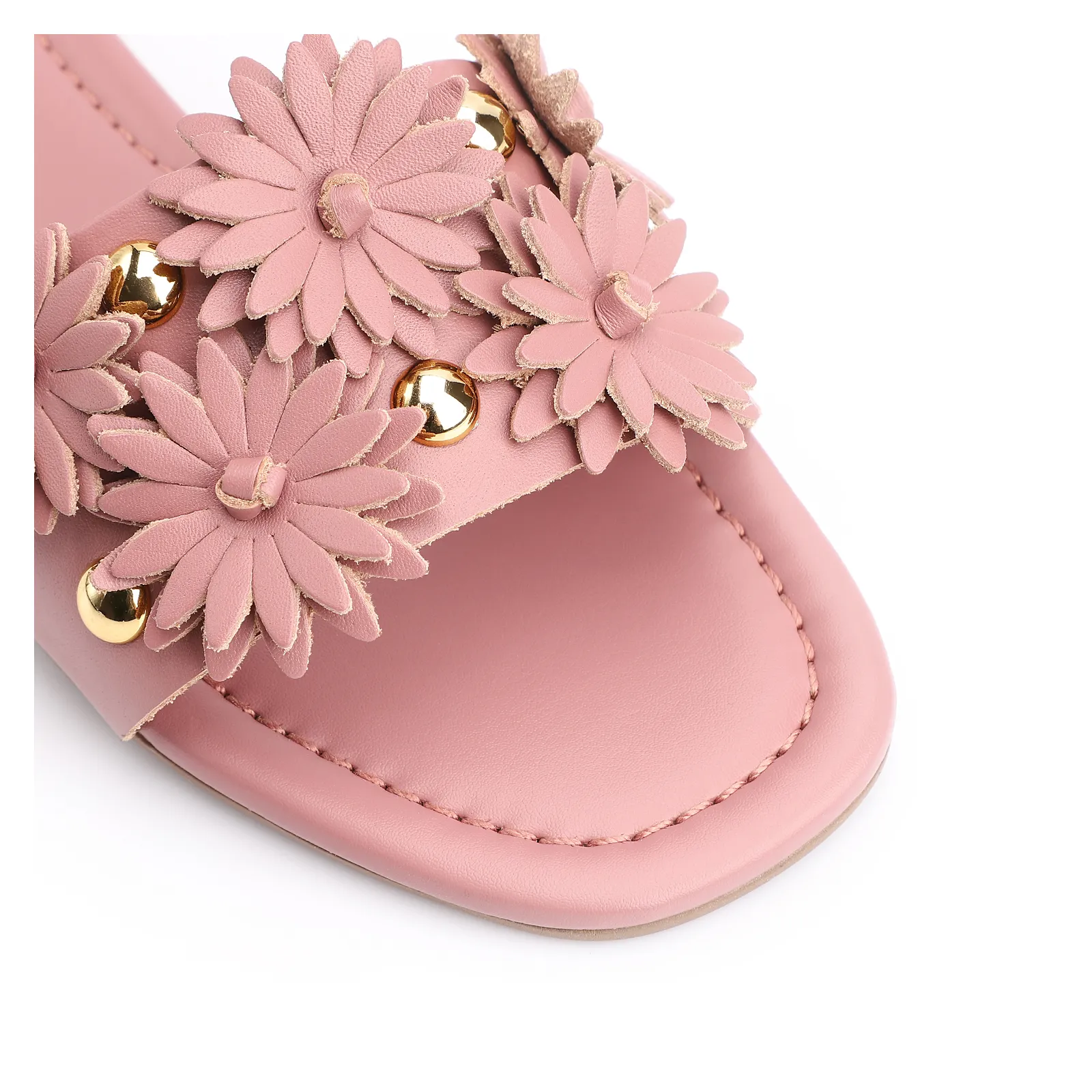 Rasteirinha Couro Flores Rosa