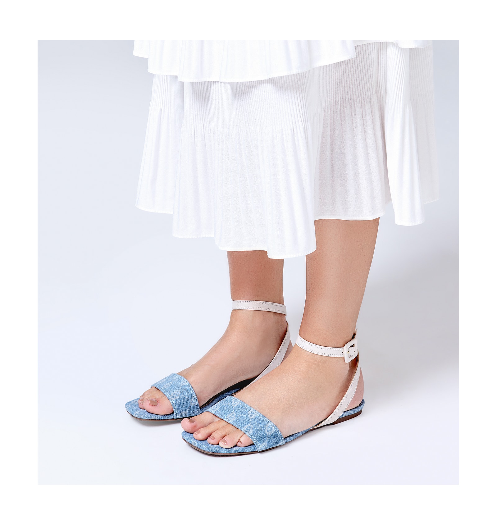 Rasteirinha Jeans Monograma / Couro Off White