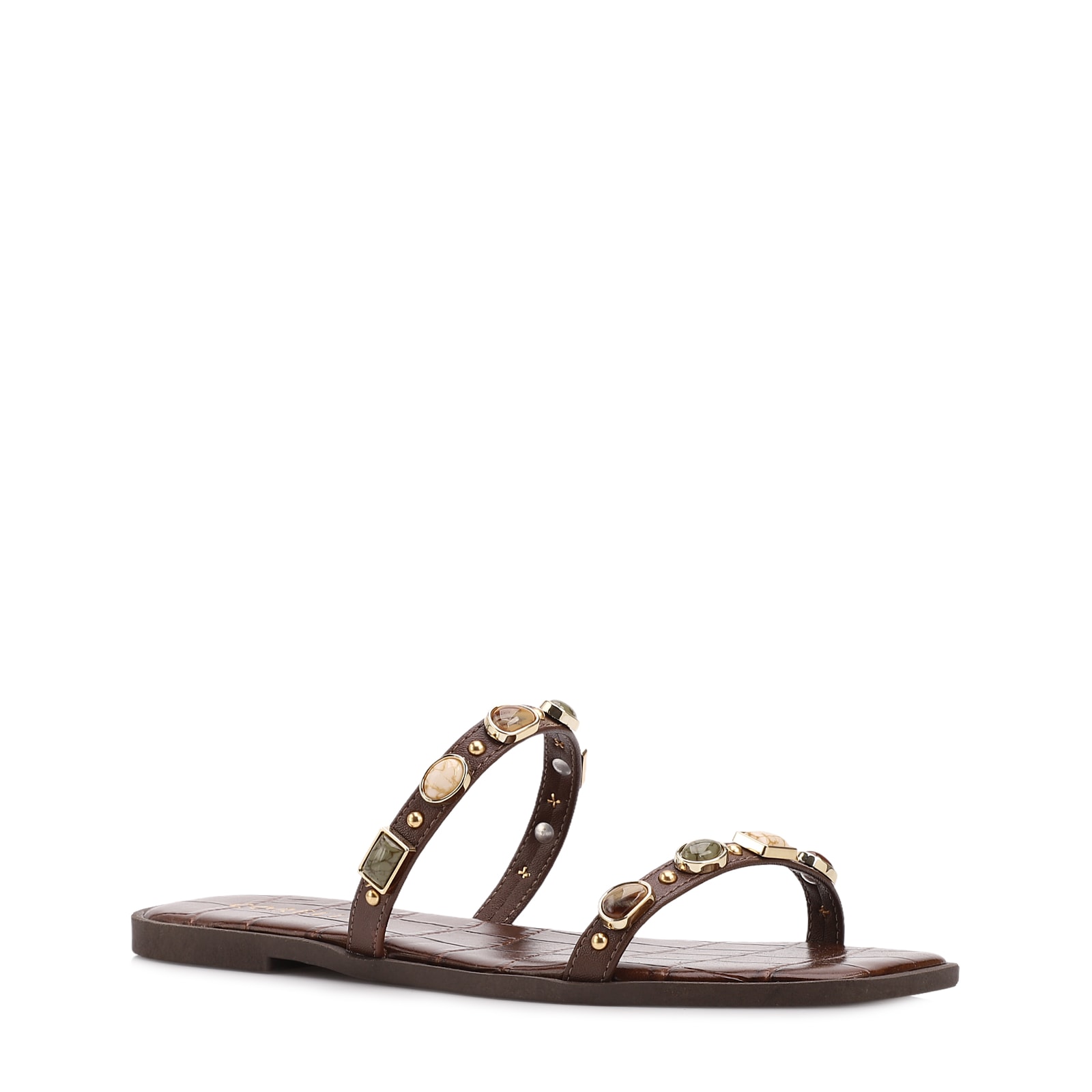 Rasteirinha Marrom Alt Croco Aberto Calcanhar Pedras