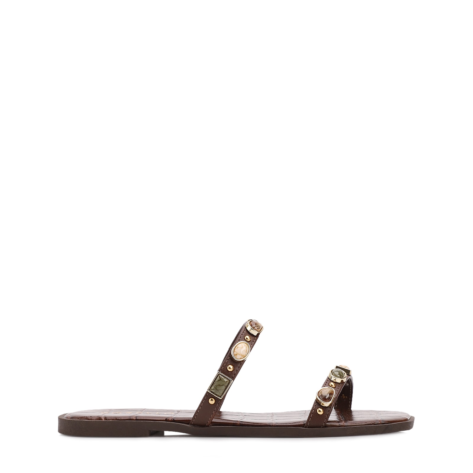 Rasteirinha Marrom Alt Croco Aberto Calcanhar Pedras