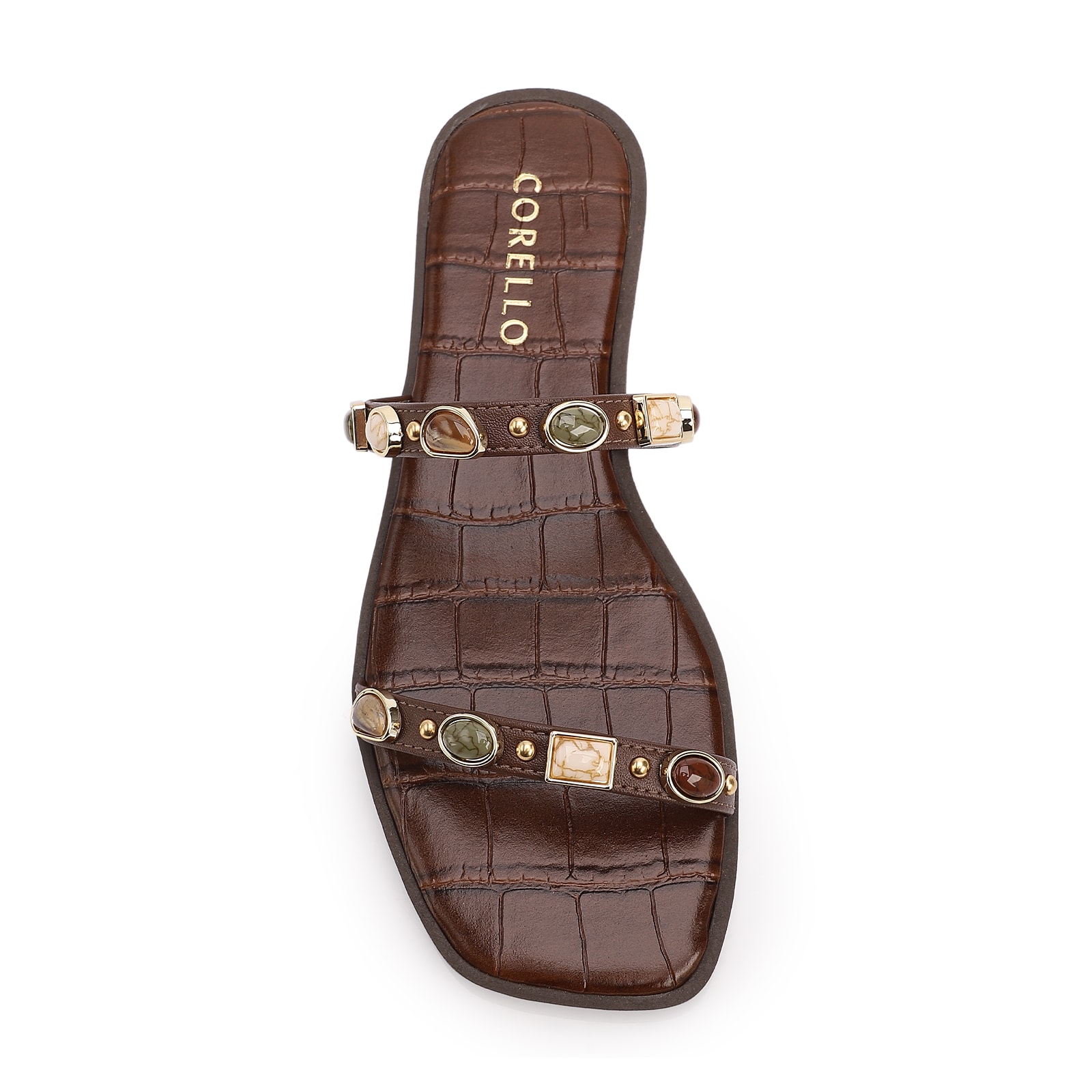 Rasteirinha Marrom Alt Croco Aberto Calcanhar Pedras