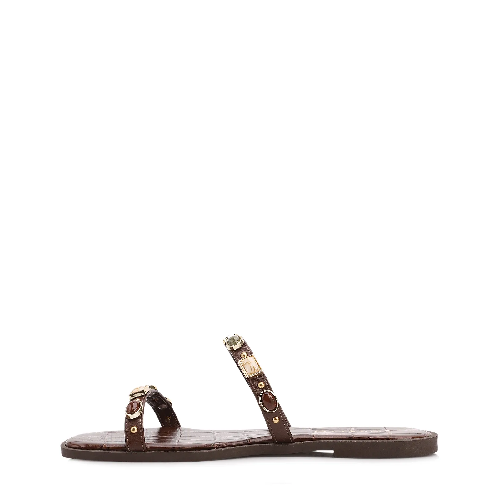 Rasteirinha Marrom Alt Croco Calcanhar Aberto Pedras