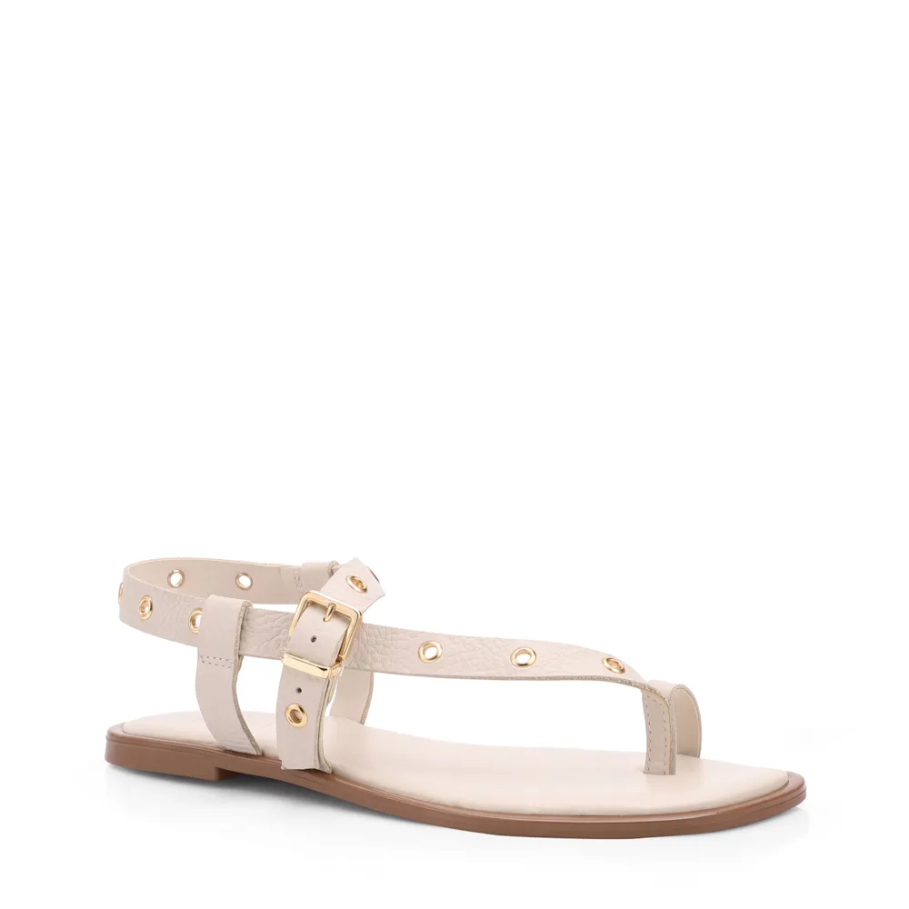 Rasteirinha Off White Couro Antique Ilhos Dourados