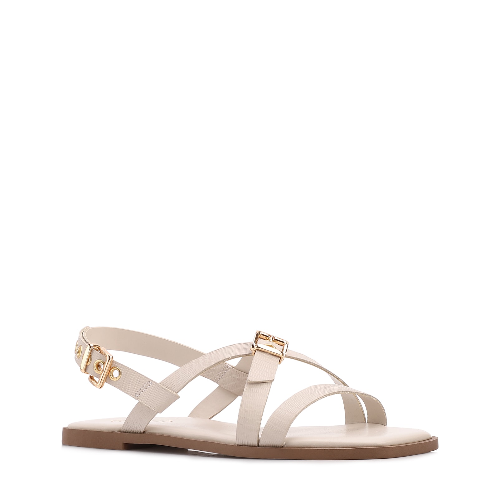 Rasteirinha Off White Couro Lezard Fivelas Douradas
