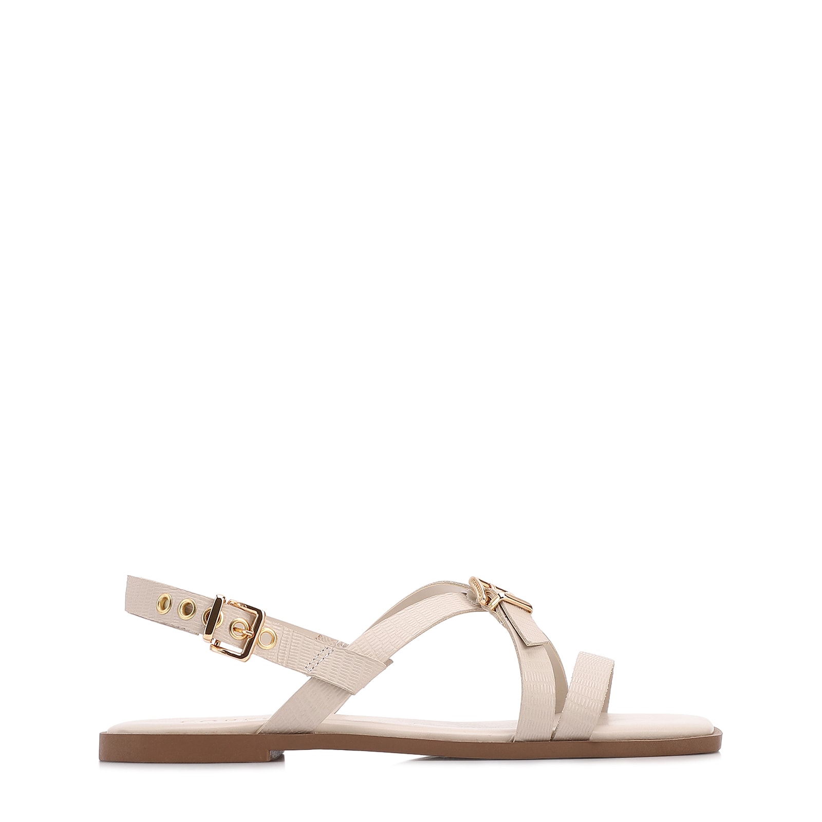 Rasteirinha Off White Couro Lezard Fivelas Douradas