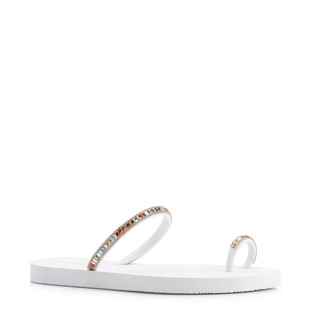 Rasteirinha Strass Toe Ring Alt Branco/Strass Colorido