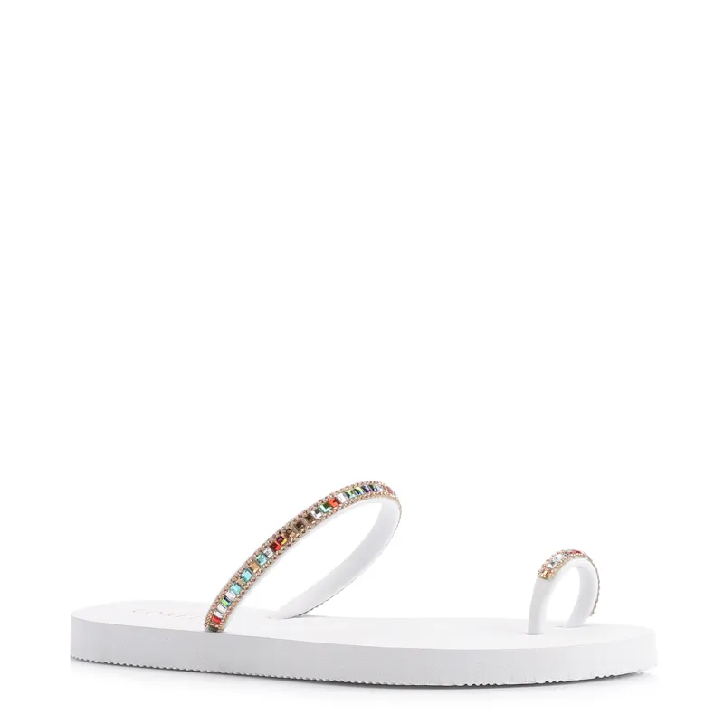 Rasteirinha Strass Toe Ring Alt Branco/Strass Colorido