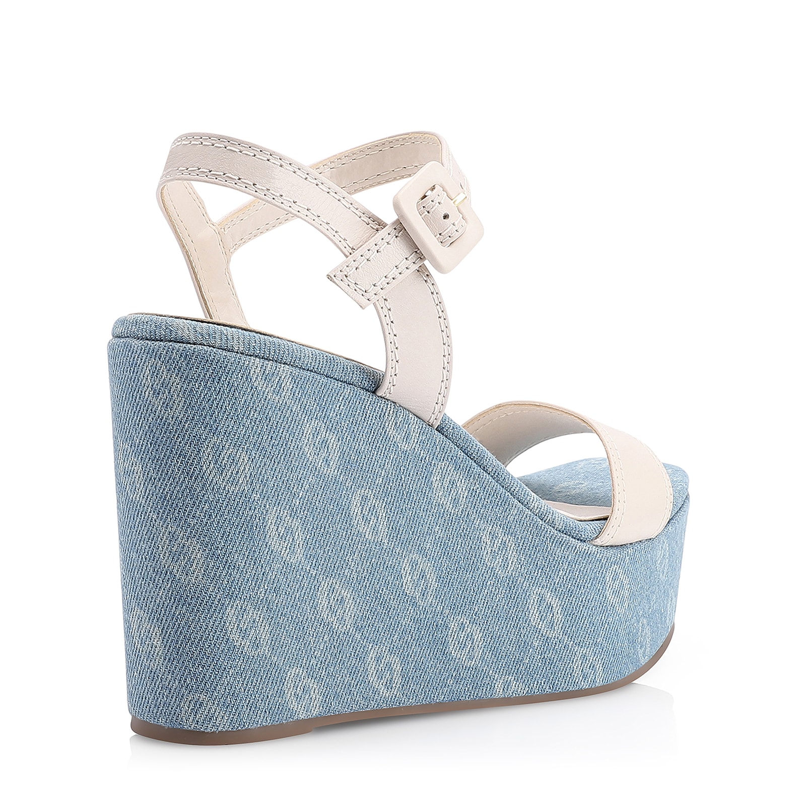 Sandália Anabela Couro Off White/Monograma Azul Jeans