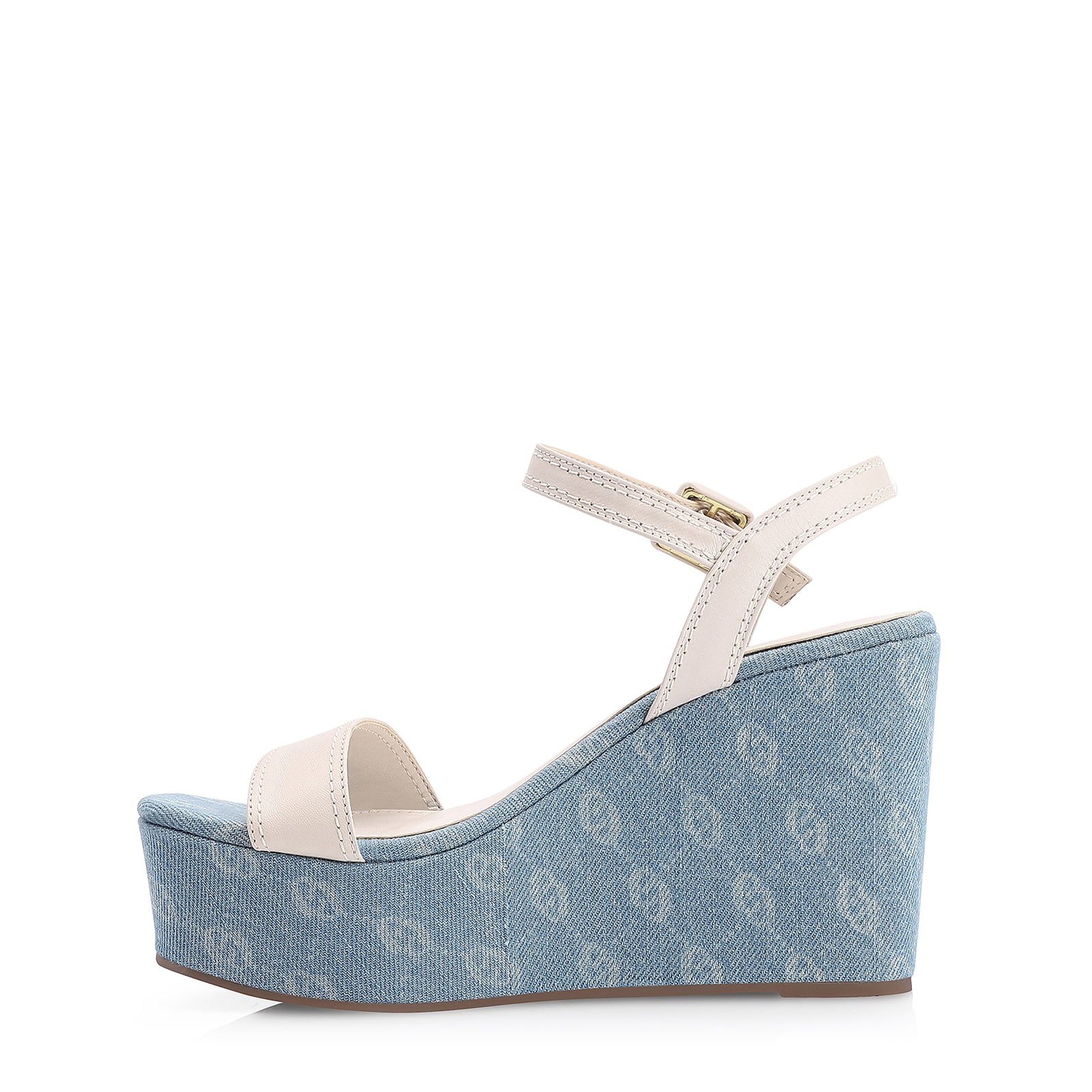 Sandália Anabela Couro Off White/Monograma Azul Jeans