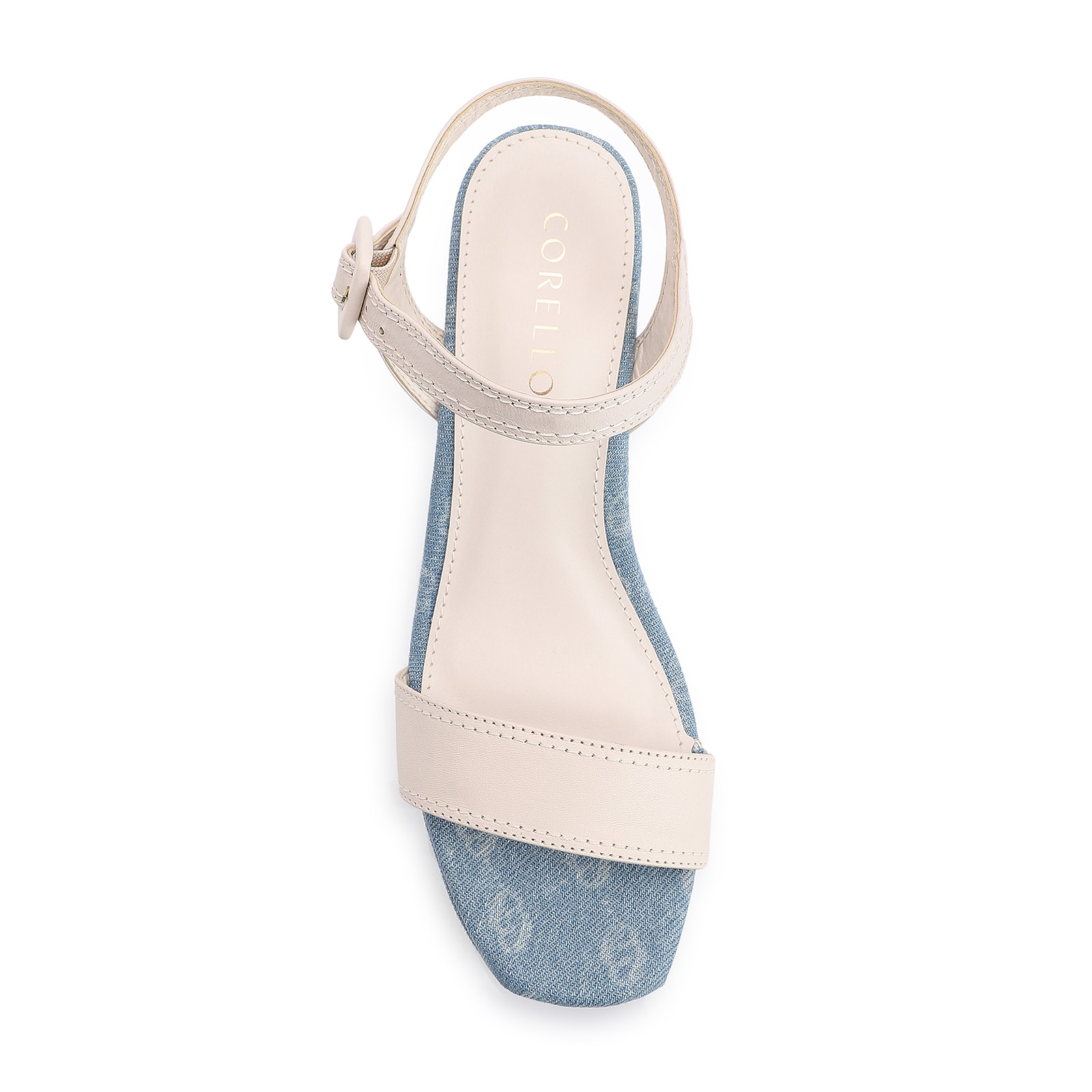 Sandália Anabela Couro Off White/Monograma Azul Jeans
