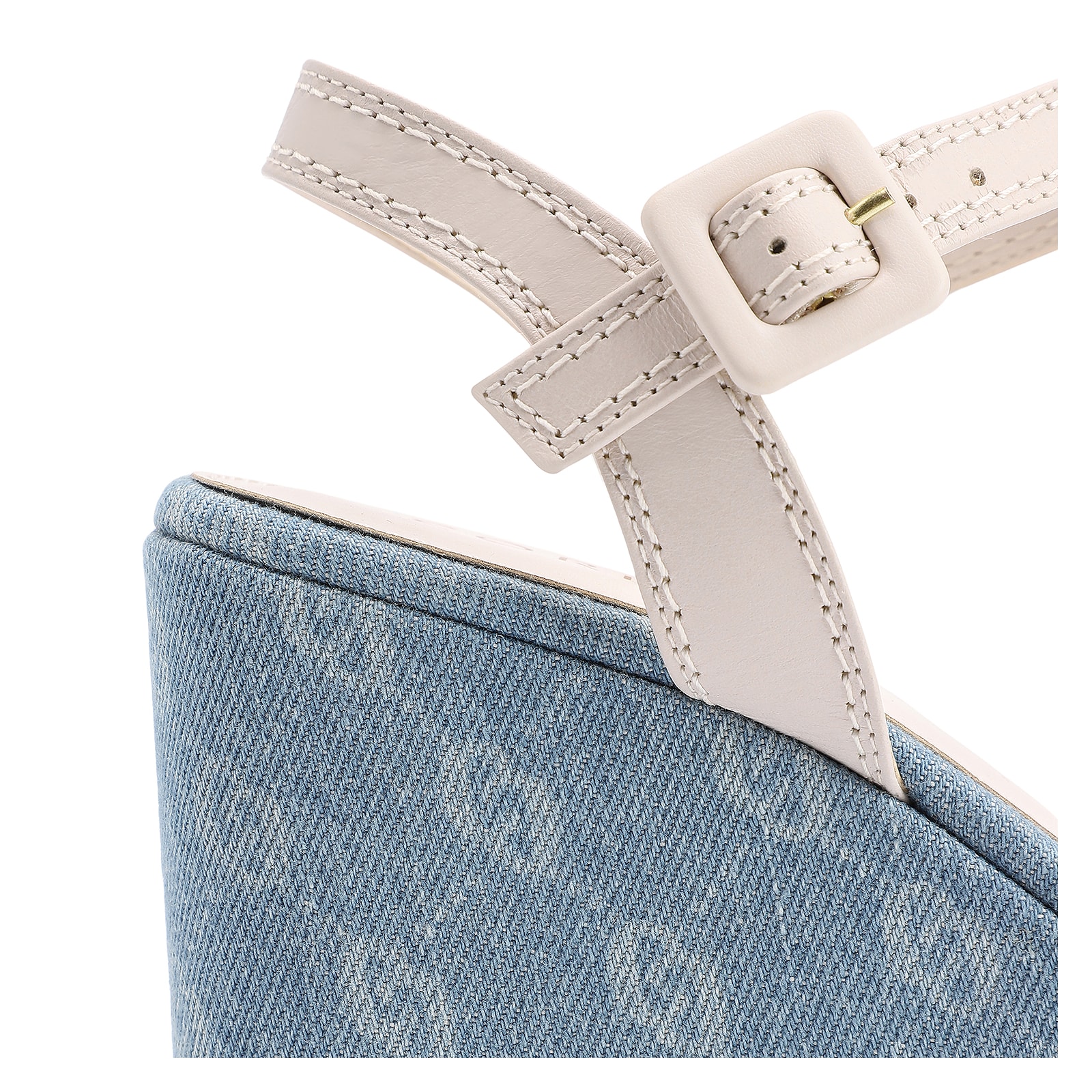 Sandália Anabela Couro Off White/Monograma Azul Jeans