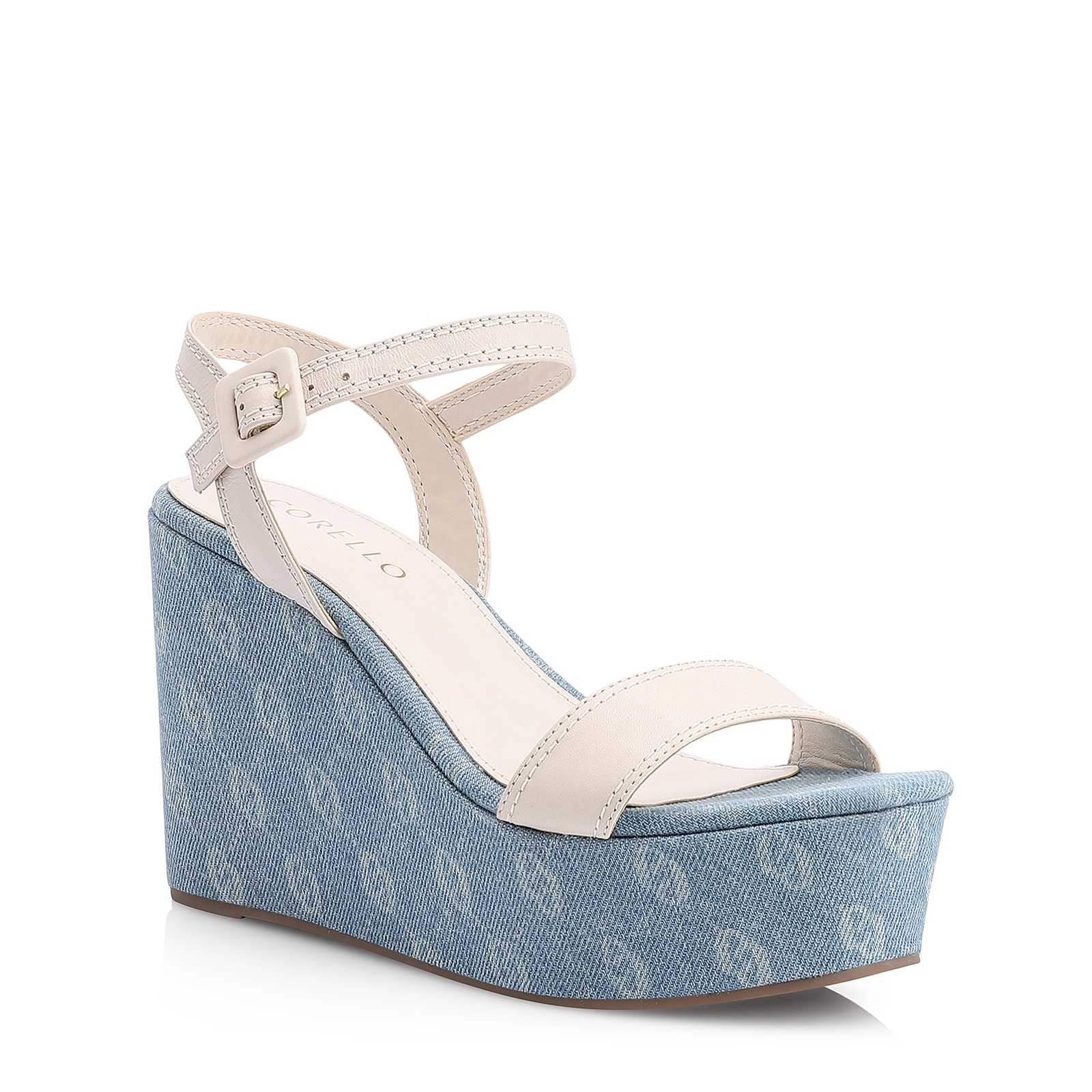 Sandália Anabela Couro Off White/Monograma Azul Jeans