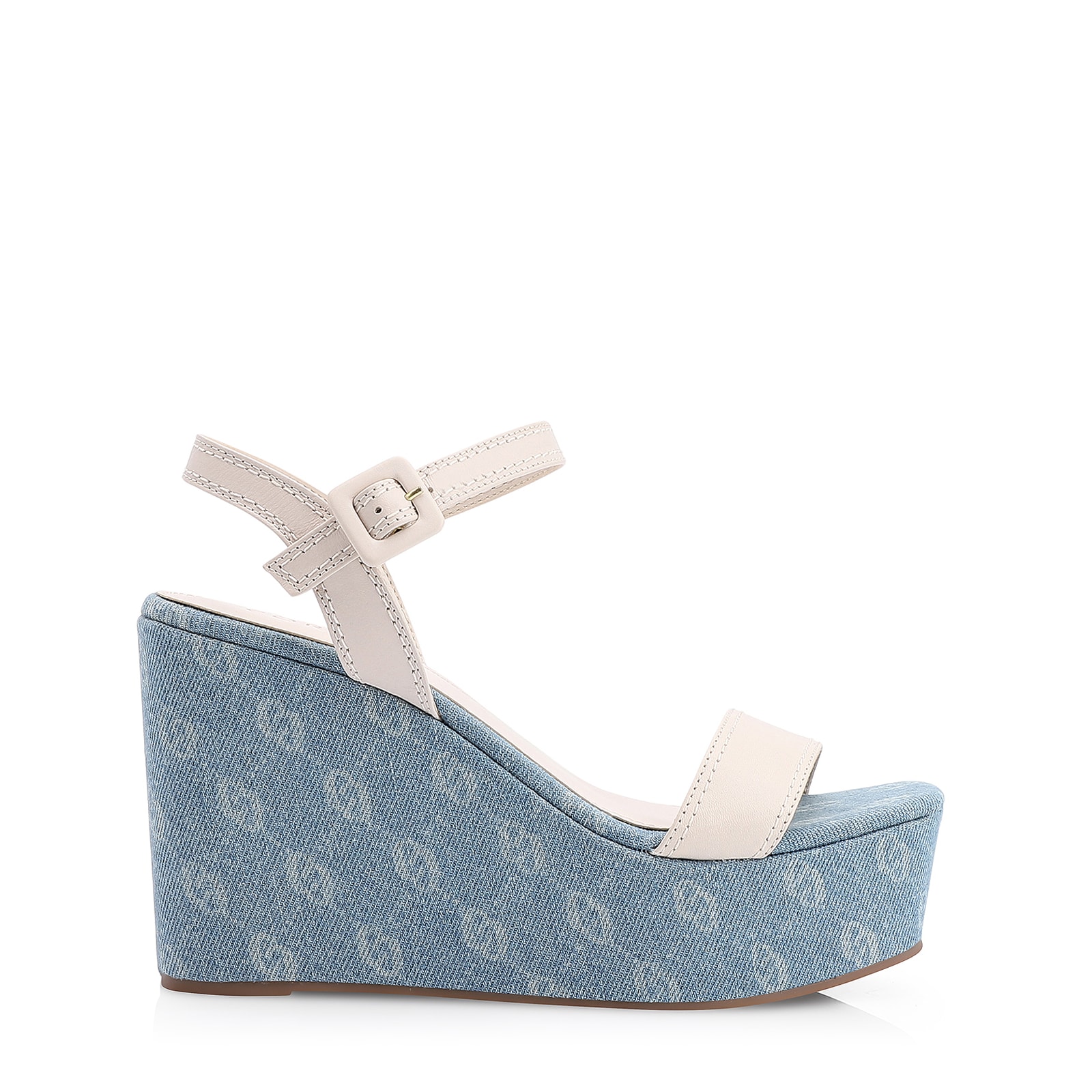 Sandália Anabela Couro Off White/Monograma Azul Jeans