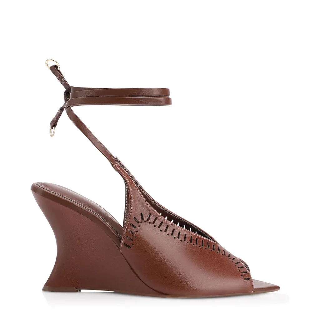 Sandália Anabela Laser Cut Couro Marrom - imagem 3