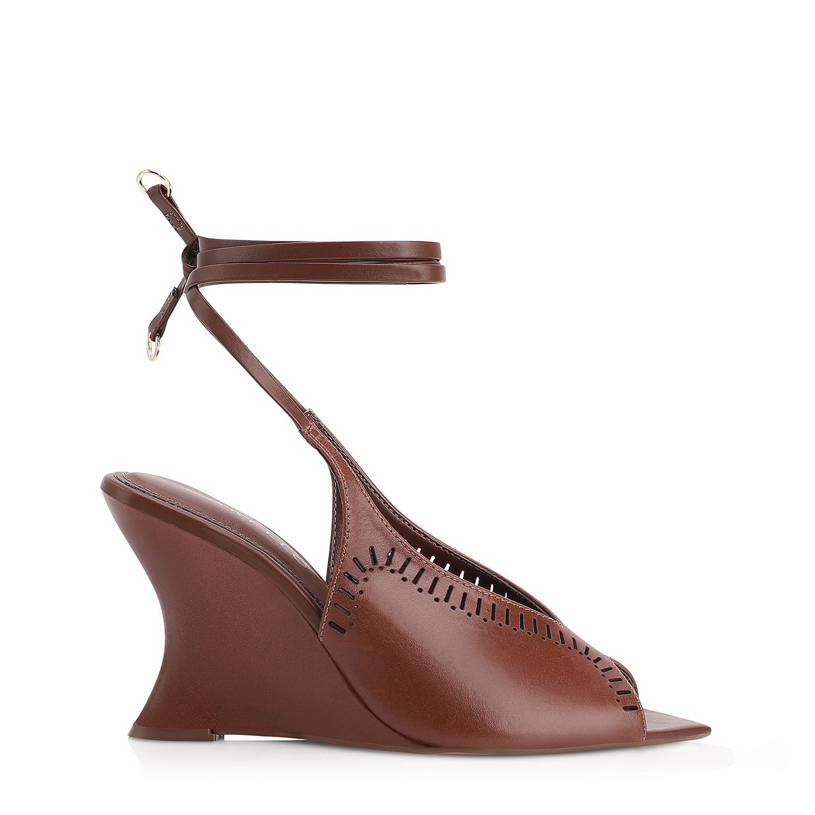 Sandália Anabela Laser Cut Couro Marrom
