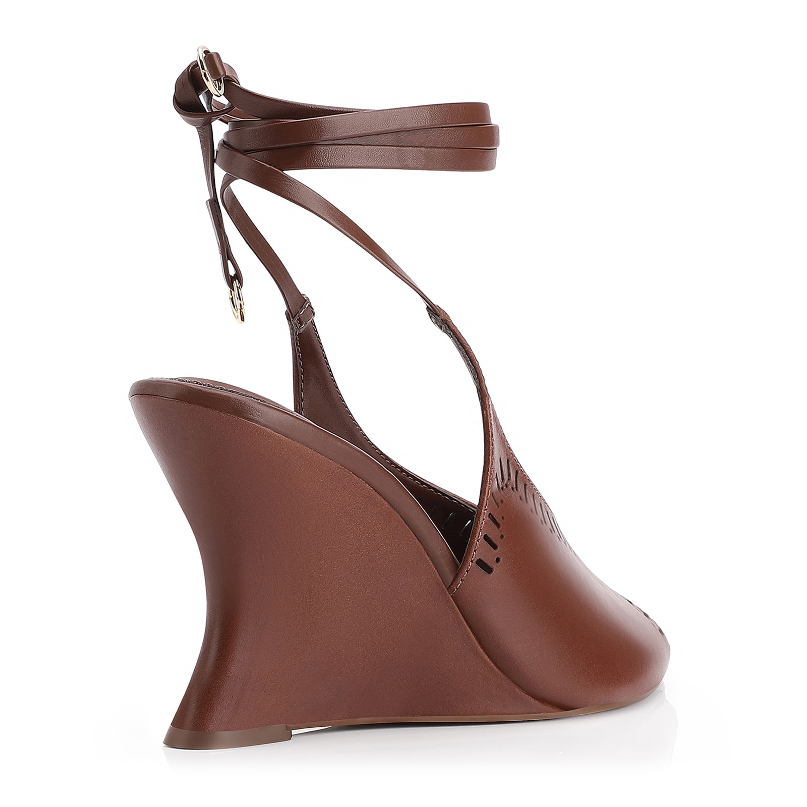 Sandália Anabela Laser Cut Couro Marrom