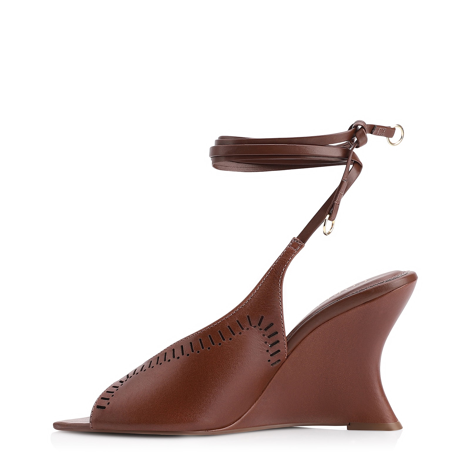Sandália Anabela Laser Cut Couro Marrom