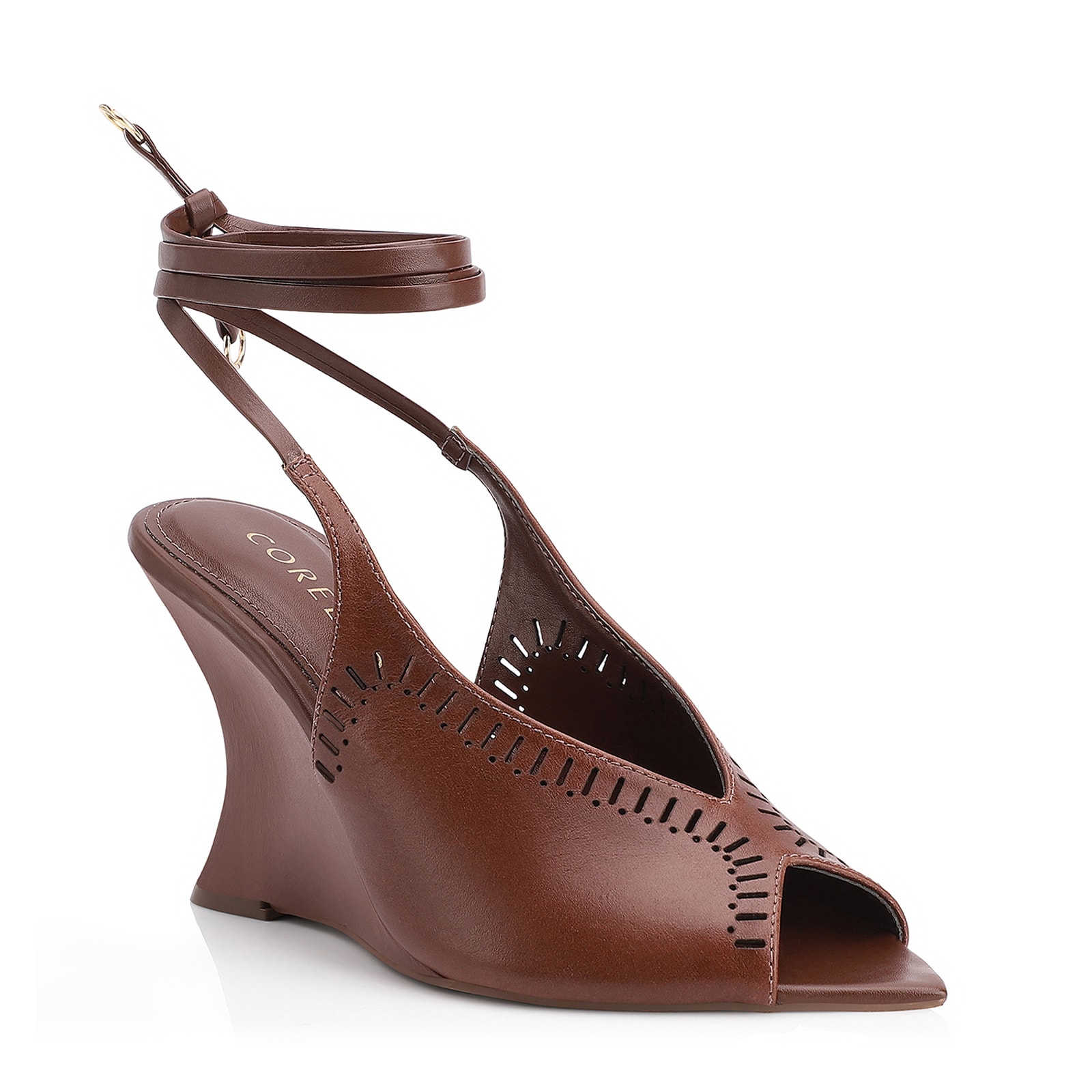 Sandália Anabela Laser Cut Couro Marrom