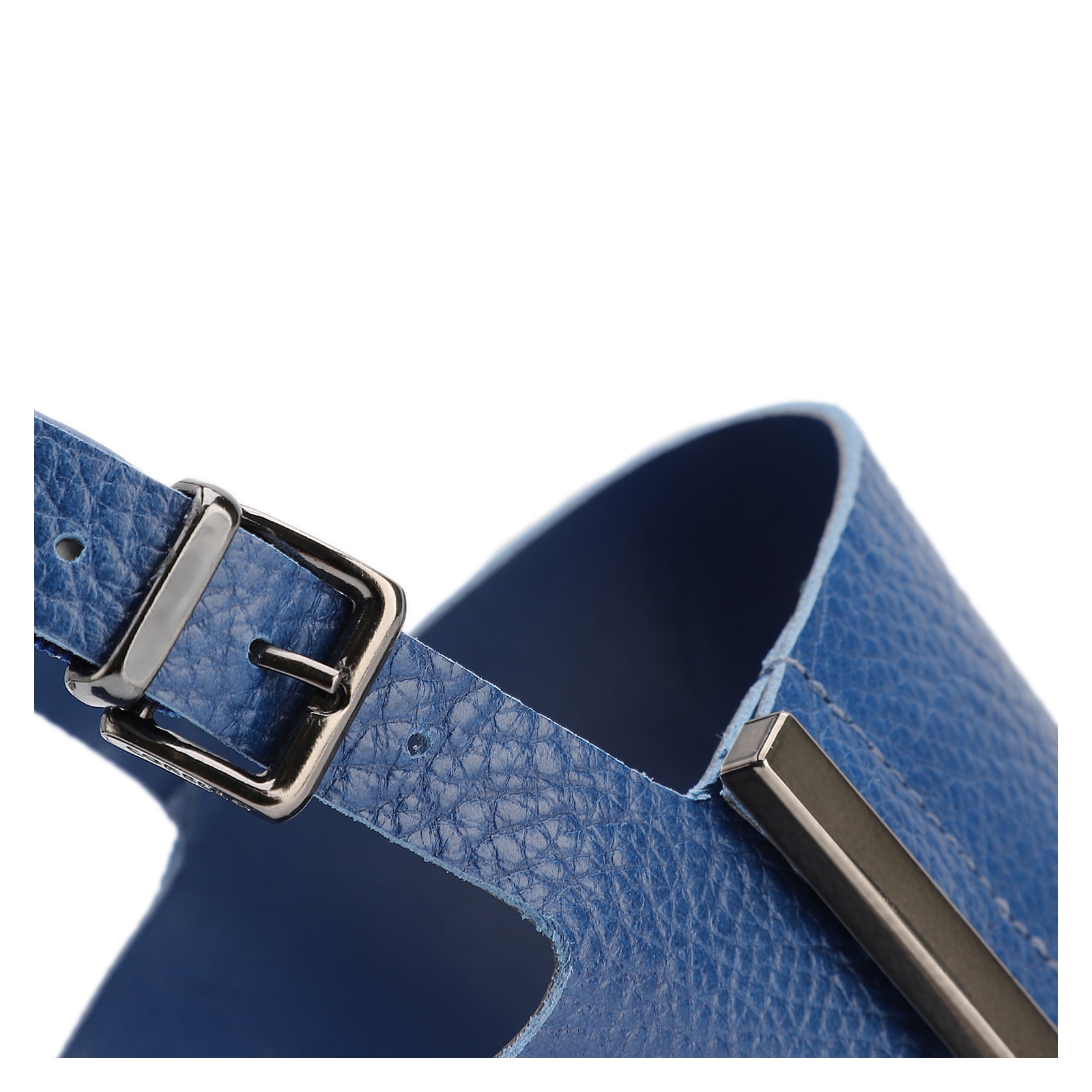 Sandália Azul Salto Bloco Médio Couro Antique Metal