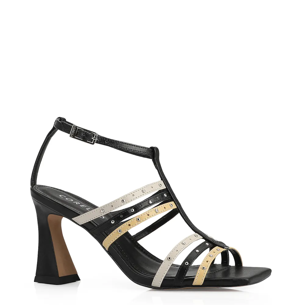 Sandália Couro Preto / Off White / Amarelo