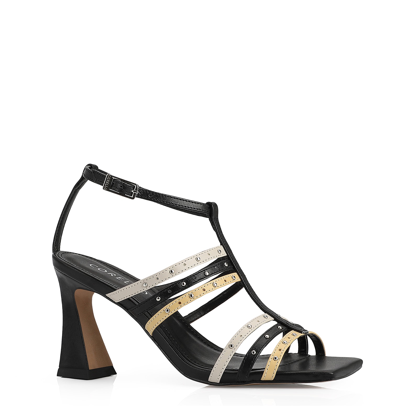 Sandália Couro Preto / Off White / Amarelo