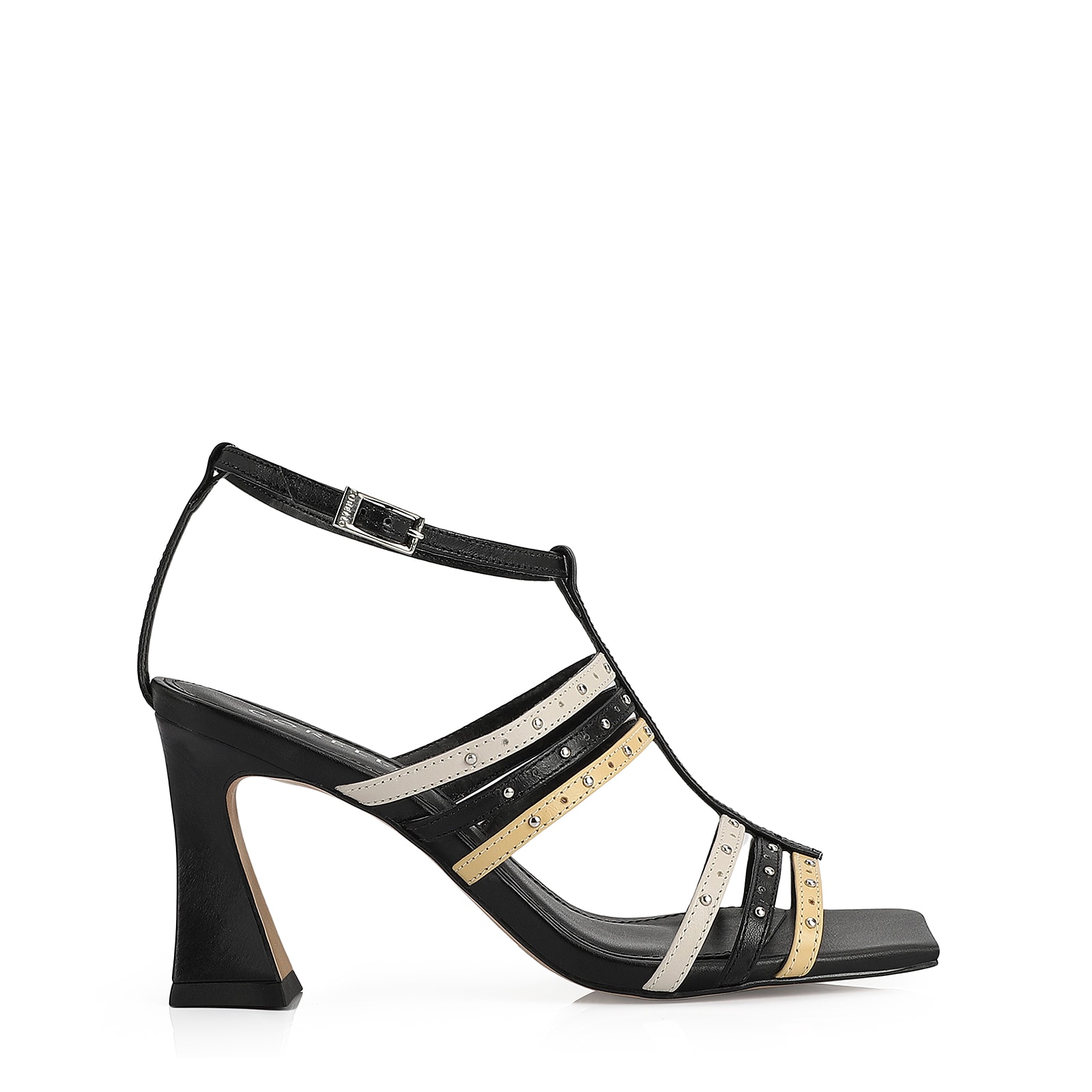 Sandália Couro Preto / Off White / Amarelo