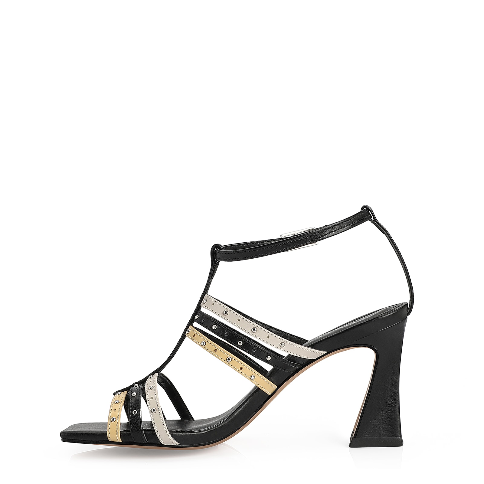 Sandália Couro Preto / Off White / Amarelo