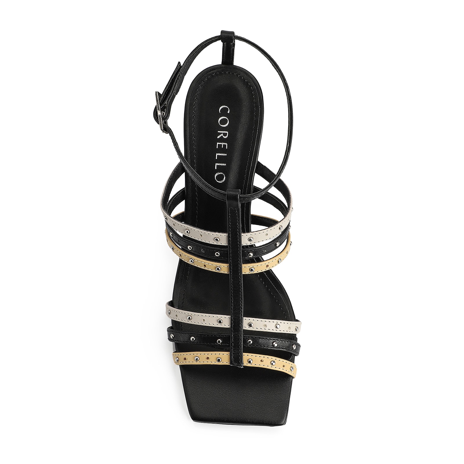Sandália Couro Preto / Off White / Amarelo