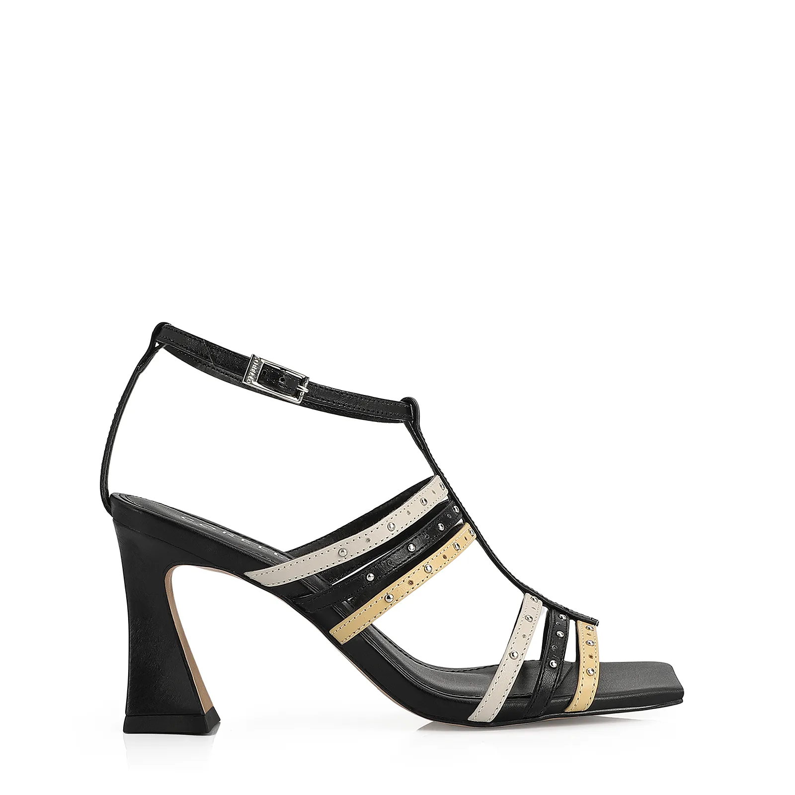 Sandália Couro Preto / Off White / Amarelo