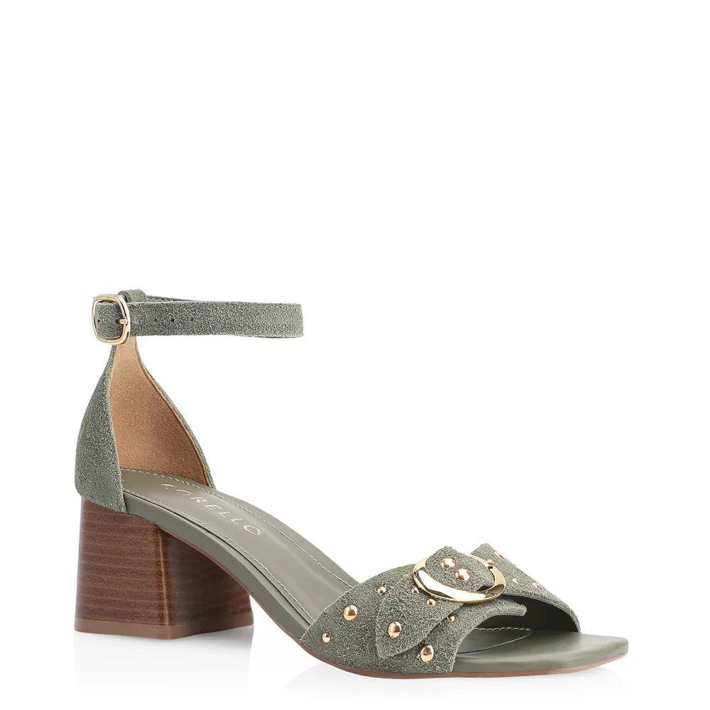 Sandália Fivela Couro Camurça Verde Rebites