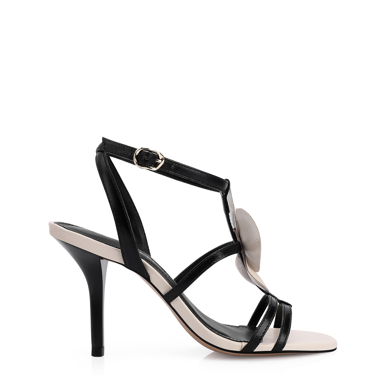 Sandália Flor Couro Preto/Off White