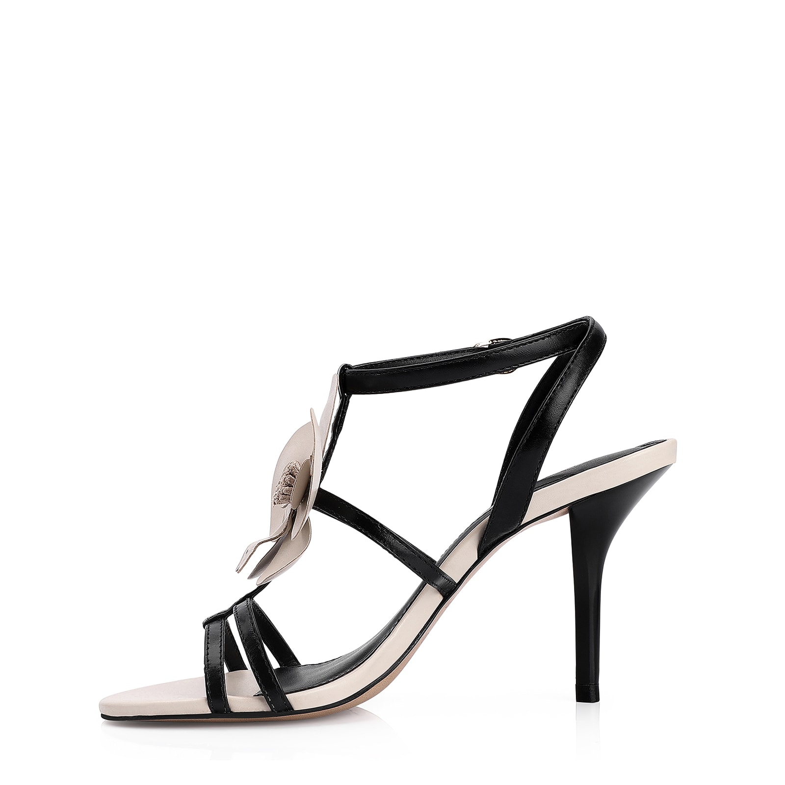 Sandália Flor Couro Preto/Off White