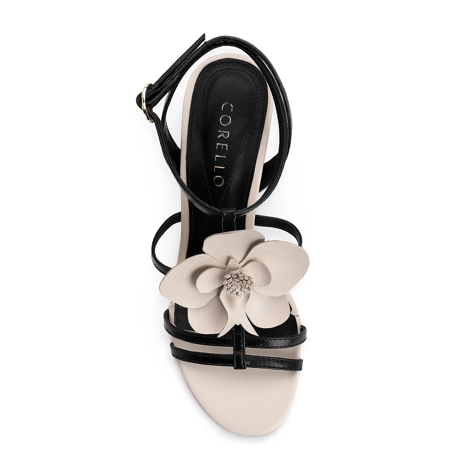 Sandália Flor Couro Preto/Off White