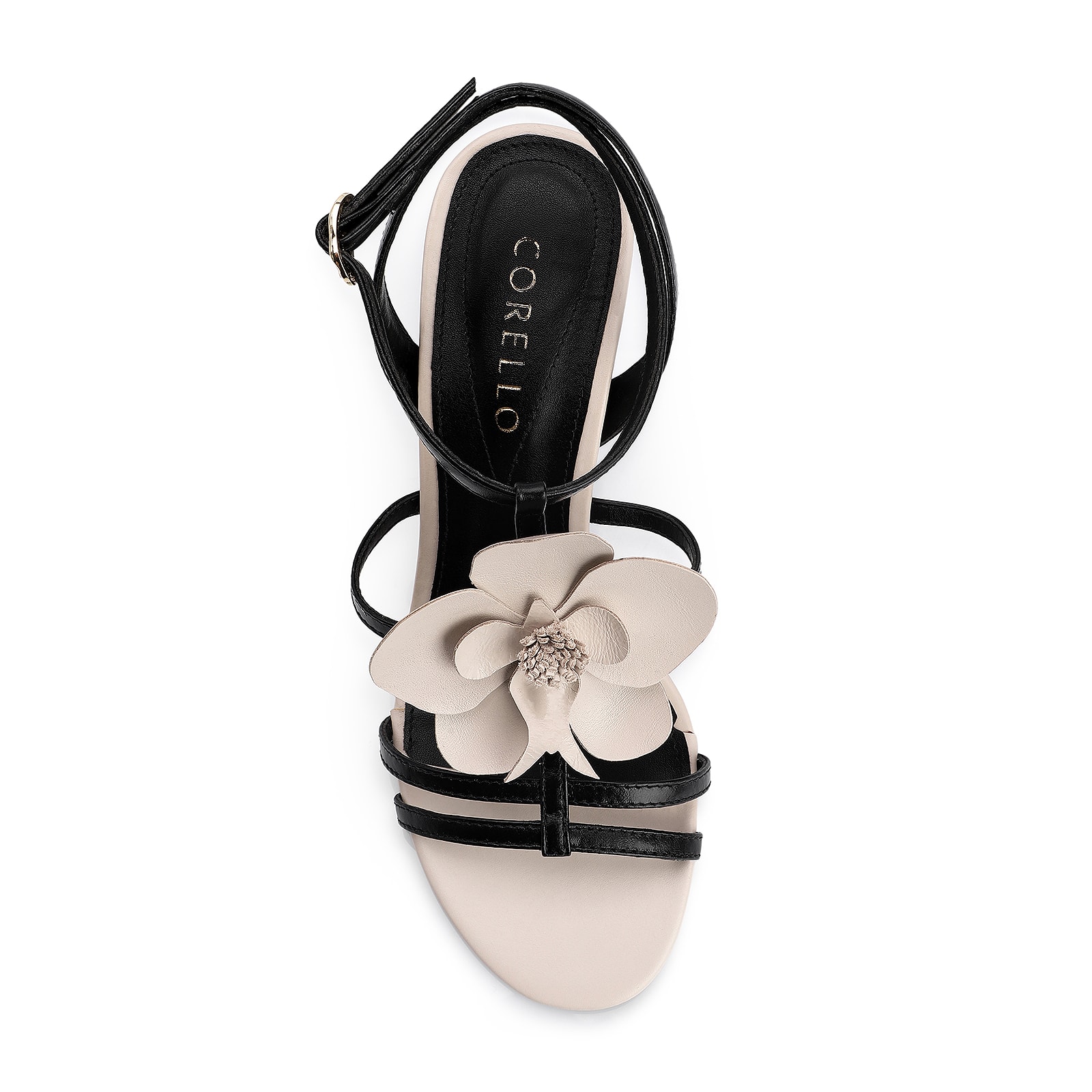 Sandália Flor Couro Preto/Off White
