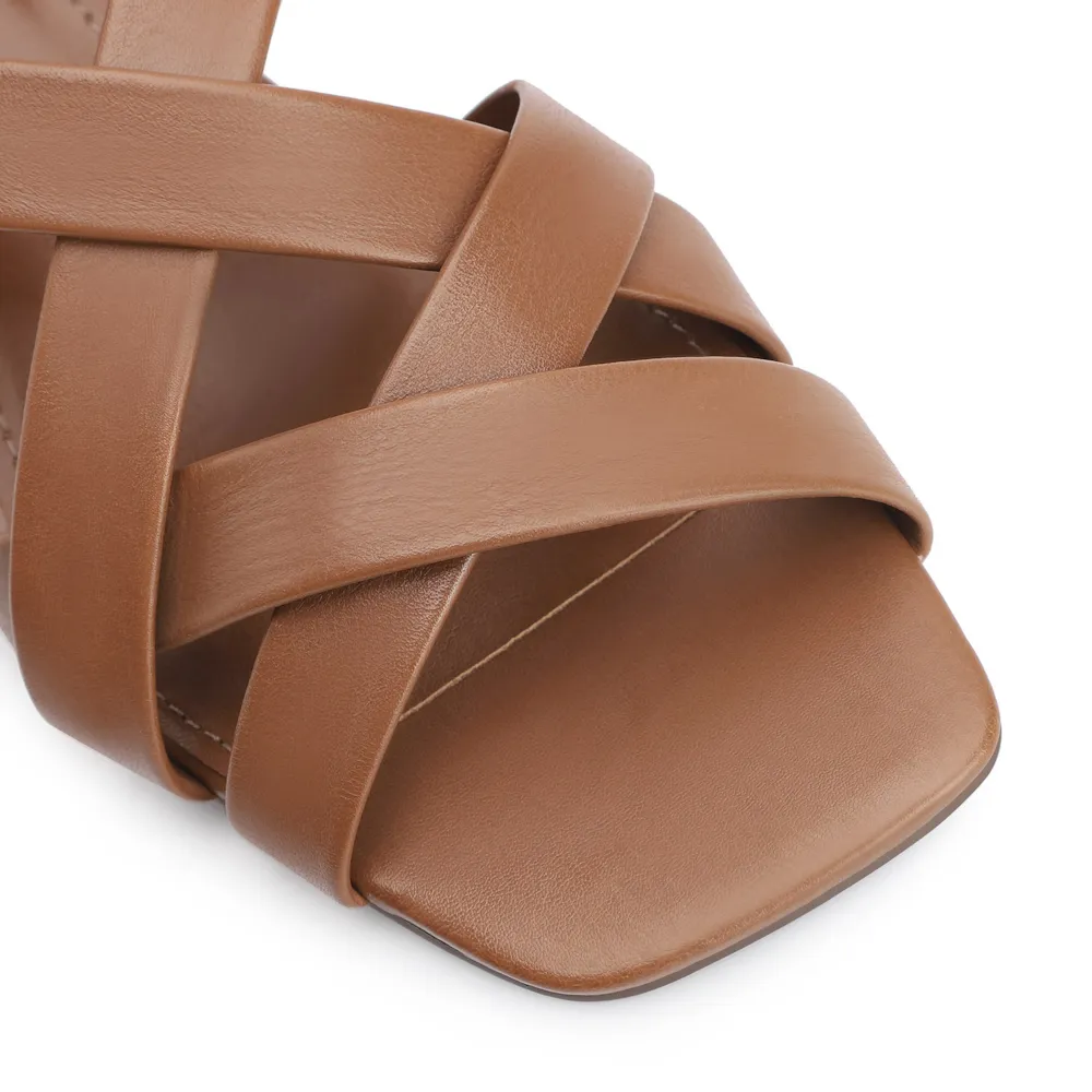 Sandália Marrom Claro Salto Bloco Médio Couro Tiras Transpassadas - imagem 6