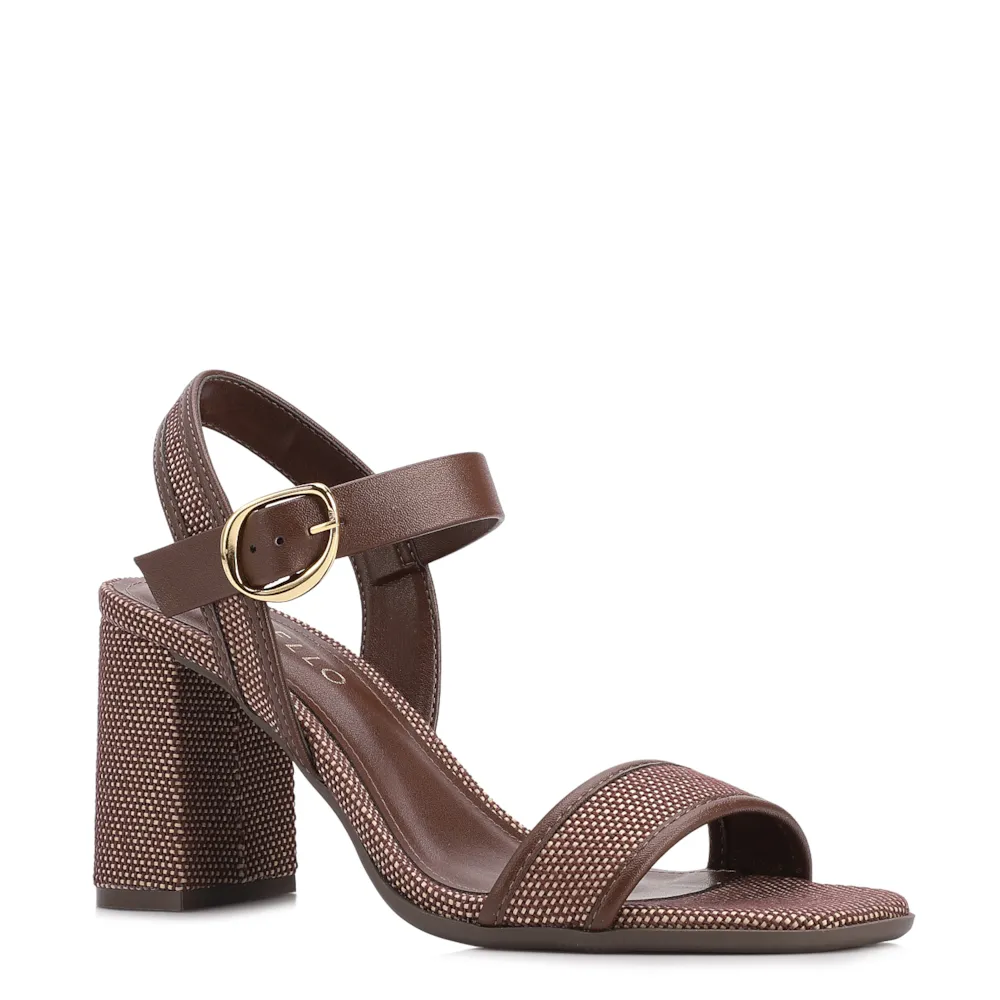 Sandália Marrom Salto Bloco Alto Ráfia/Alt Fivela Dourada