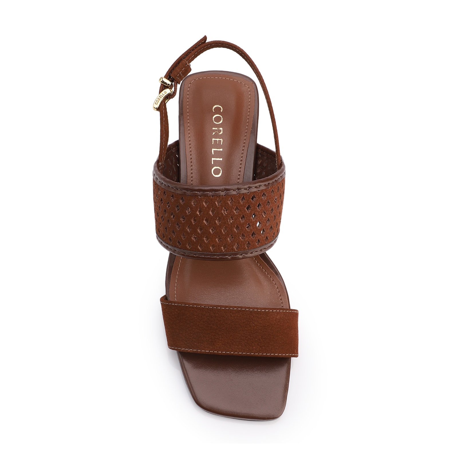 Sandália Marrom Salto Bloco Baixo Couro Nobuck Floater Perfuros
