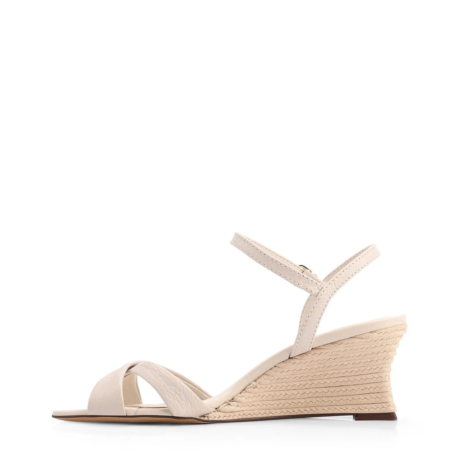 Sandália Off White Salto Anabela Alto Sisal Couro Antique Tornozelo