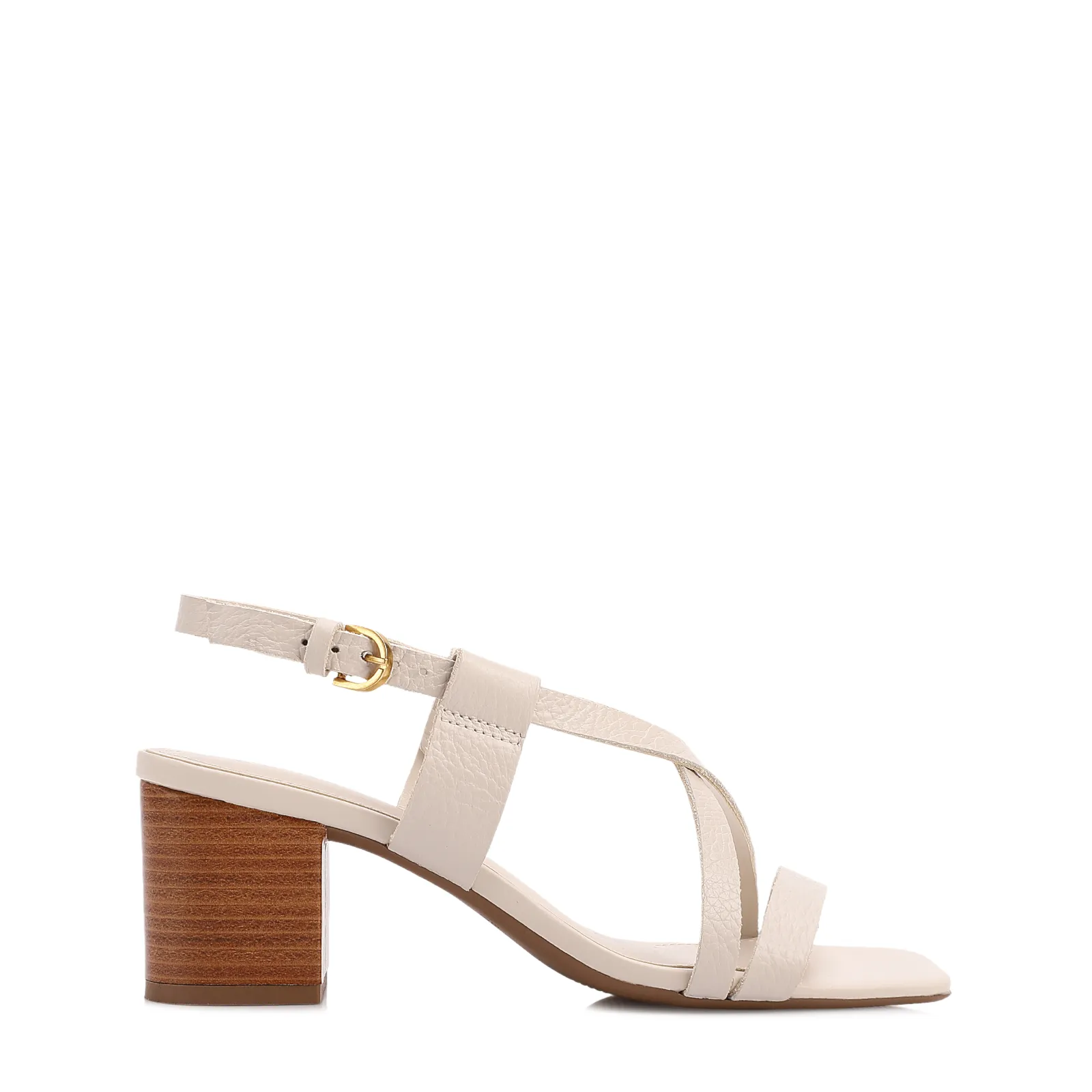 Sandália Off White Salto Bloco Baixo Couro Antique Tiras Cruzadas