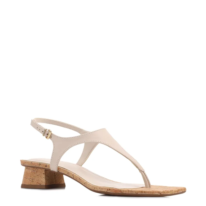 Sandália Off White Salto Bloco Baixo Couro Cortiça