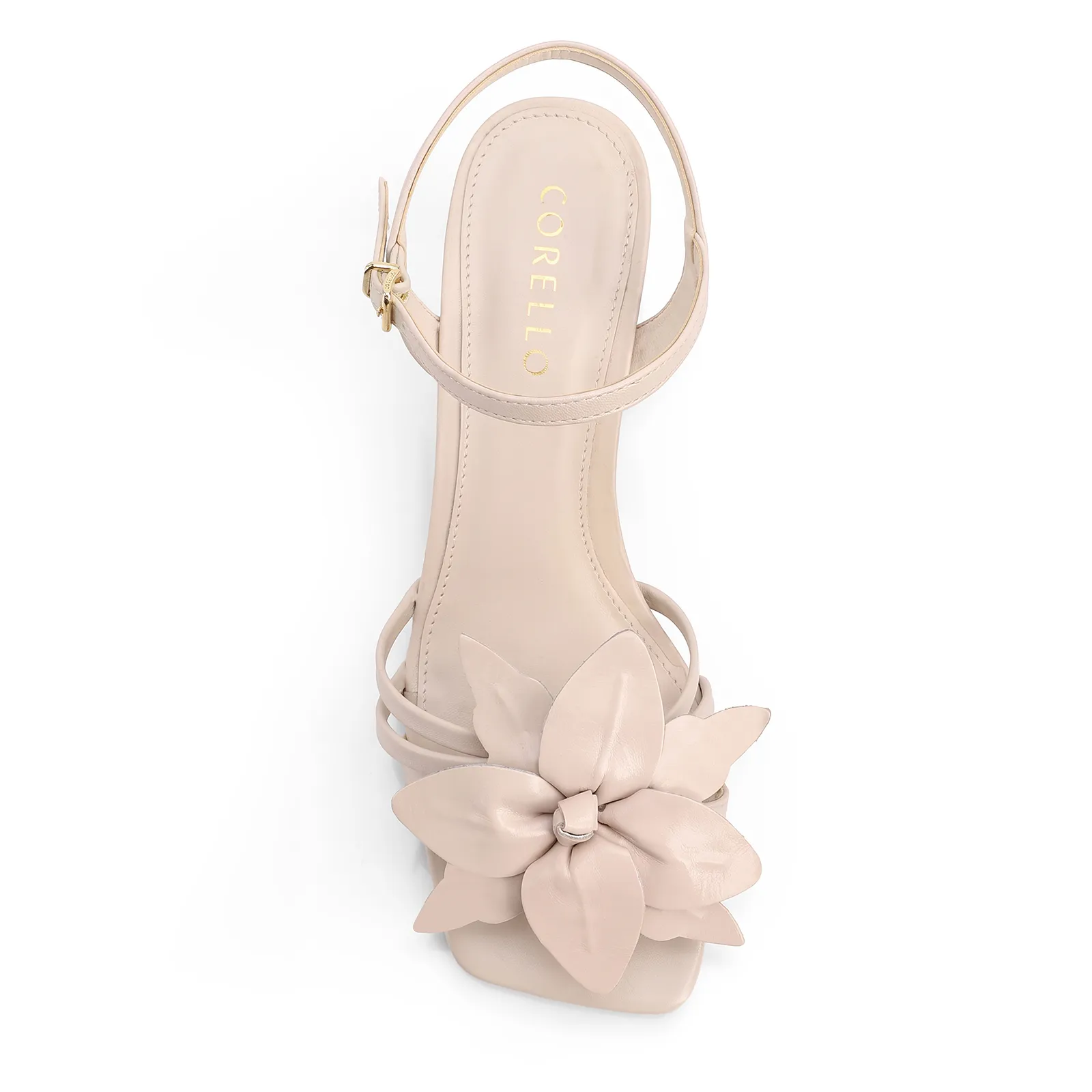 Sandália Off White Salto Bloco Médio Alt/Couro Aplique Flor