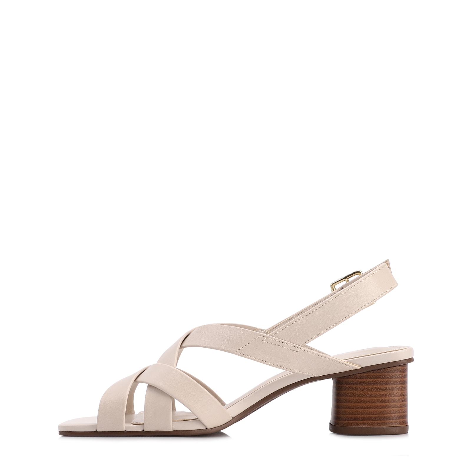 Sandália Off White Salto Bloco Médio Couro Tiras Transpassadas