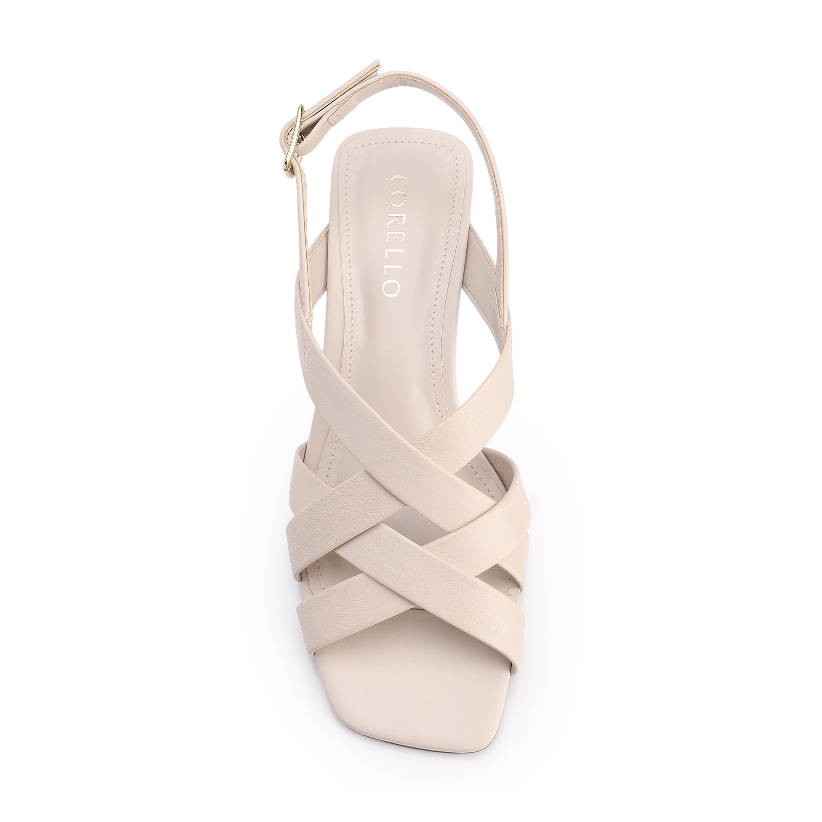 Sandália Off White Salto Bloco Médio Couro Tiras Transpassadas