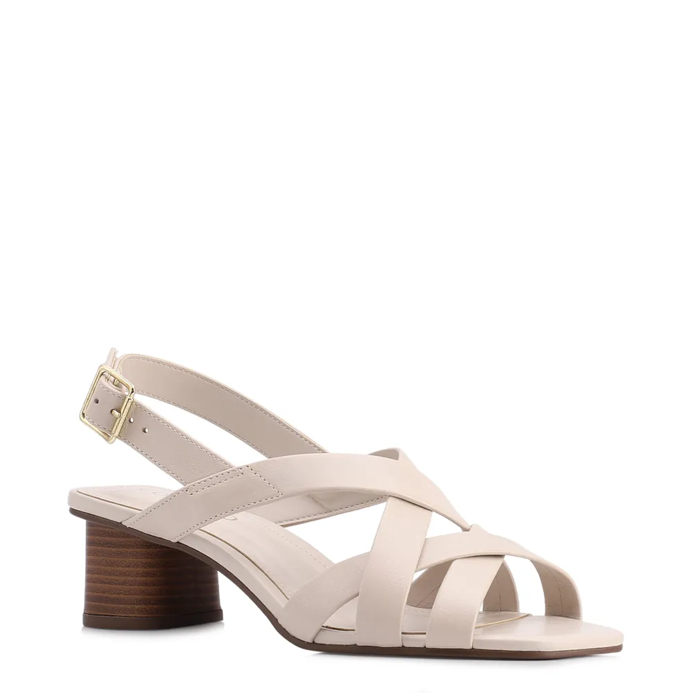 Sandália Off White Salto Bloco Médio Couro Tiras Transpassadas