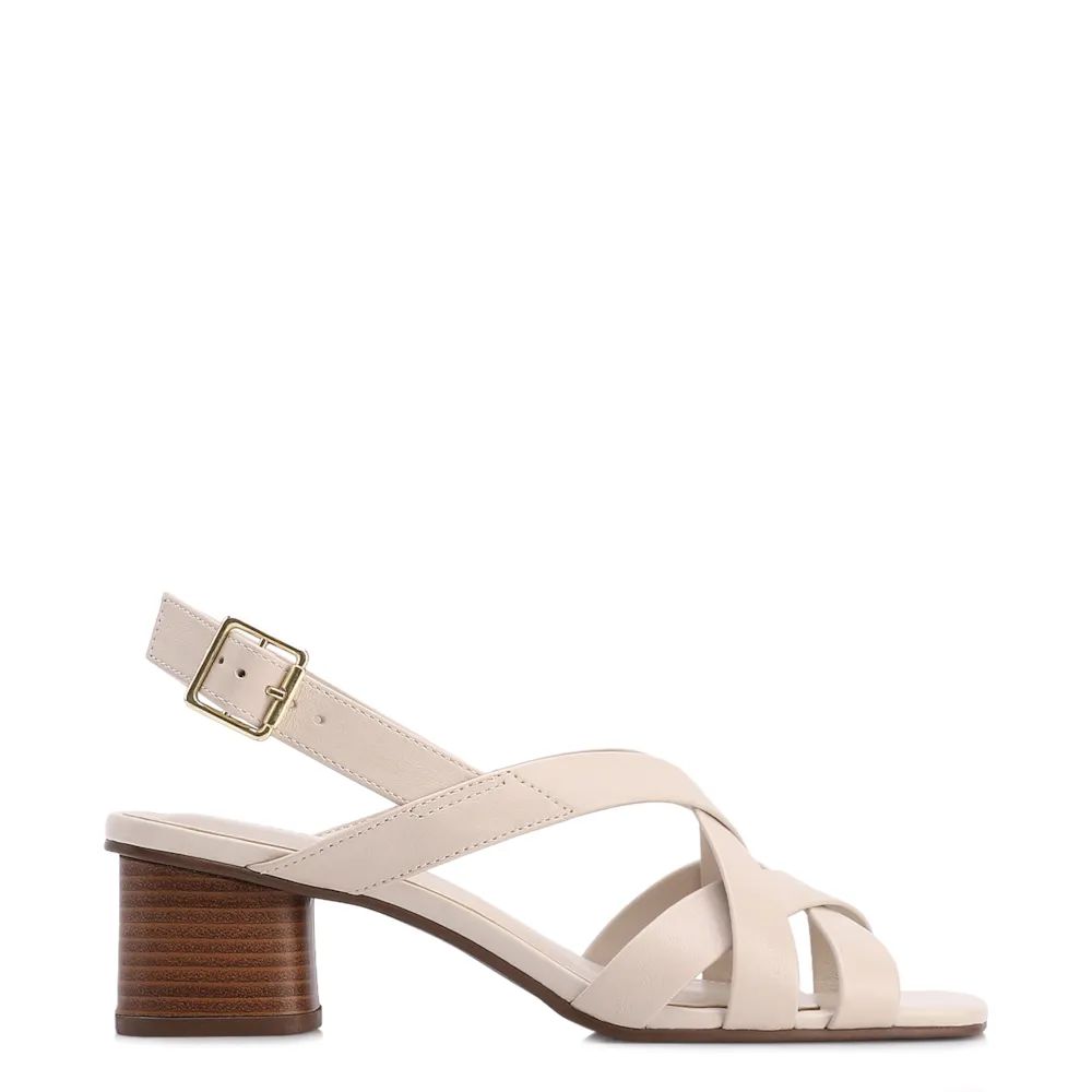 Sandália Off White Salto Bloco Médio Couro Tiras Transpassadas - imagem 2