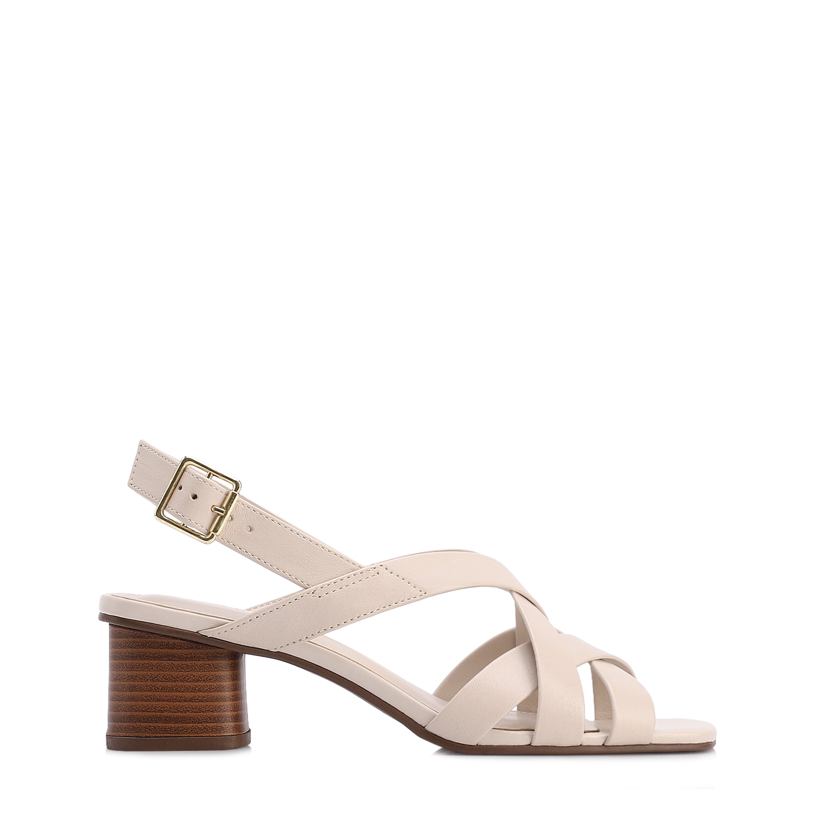 Sandália Off White Salto Bloco Médio Couro Tiras Transpassadas