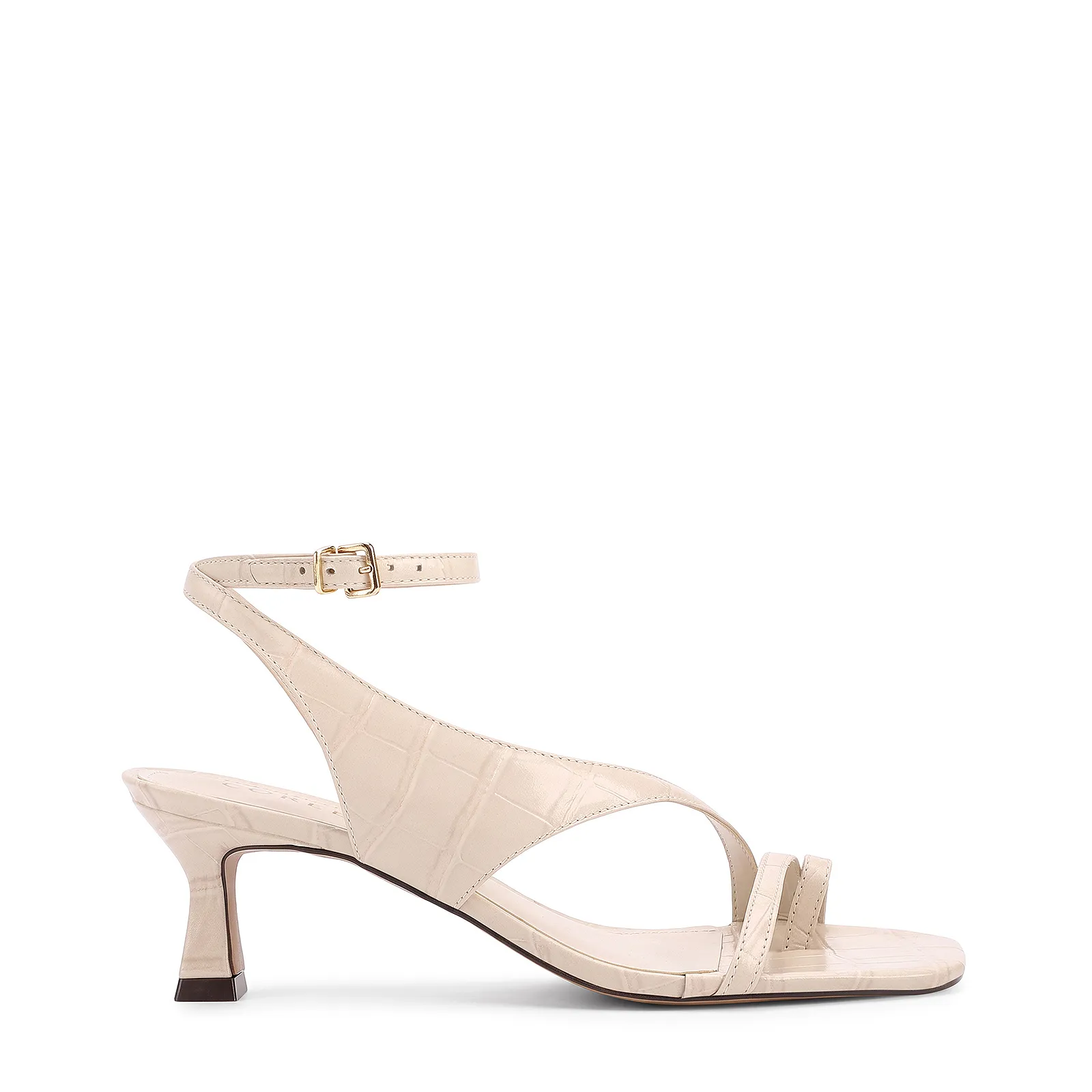 Sandalia Off White Salto Fino Baixo Couro Croco Tira Tornozelo